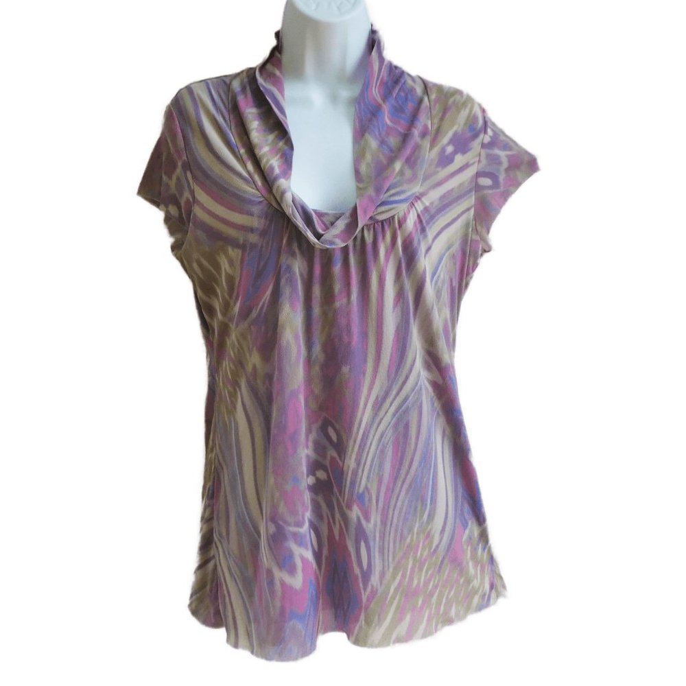 Johnny Heaven Nylon Mesh Top Stretch Cowl Neck Cap Sleeves Muted Pink Purple L